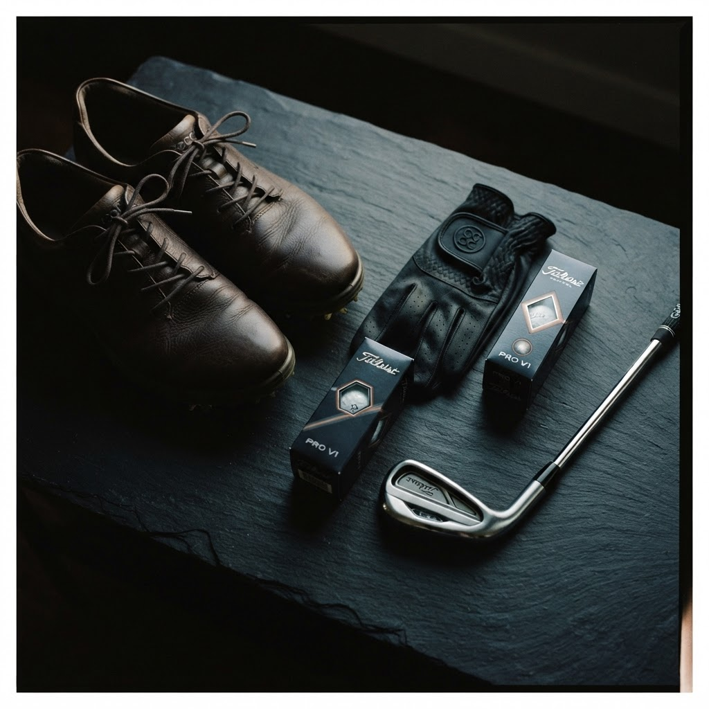 Cinematic flat-lay of premium golf equipment
